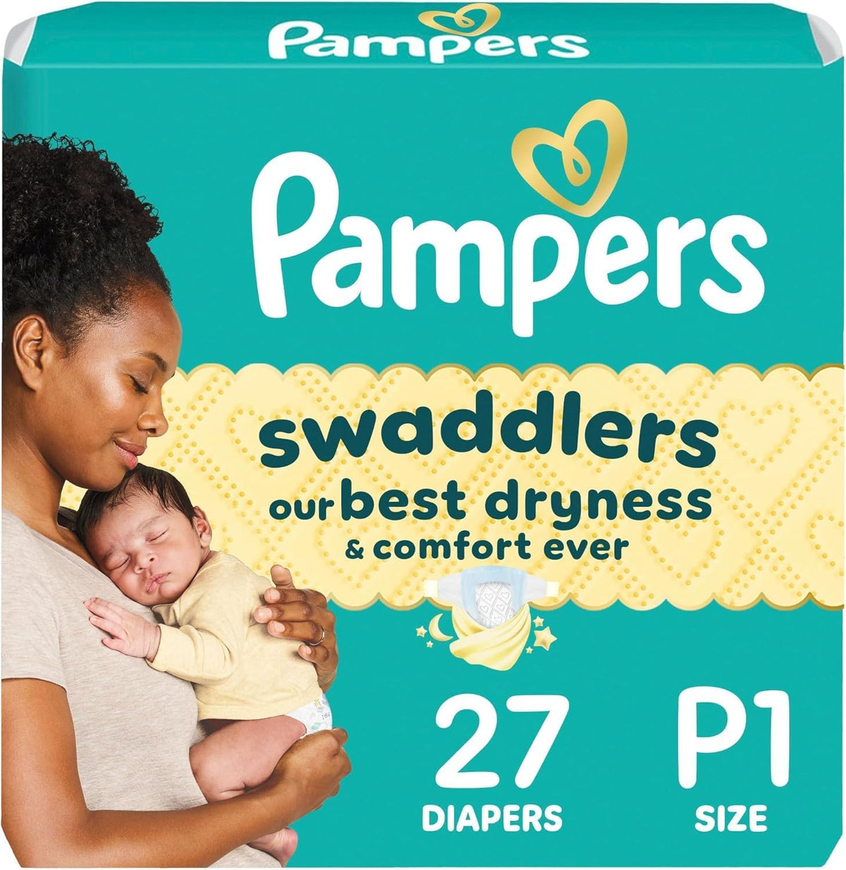 Pañales Pampers Swaddlers, Talla P1 (<6 lbs), 27 unidades, hipoalergénicos, absorbentes, mantienen al bebé seco y cómodo, pañales desechables para prematuros seguros para la piel.