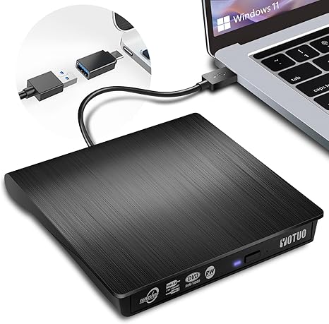 OTUO Unidad Externa de CD/DVD USB 3.0 y USB-C – Portátil, Alta Velocidad, Compatible con Windows y Mac