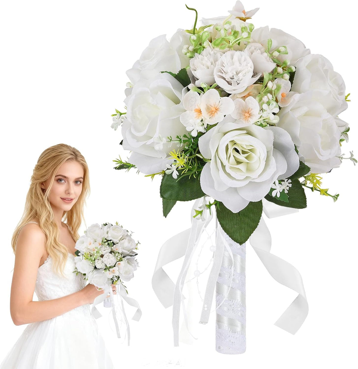 Ramo de Novia Qeedy – Rosas Artificiales de Seda Blancas 20 cm | Novias y Damas de Honor | Bodas, Ceremonias y Decoración