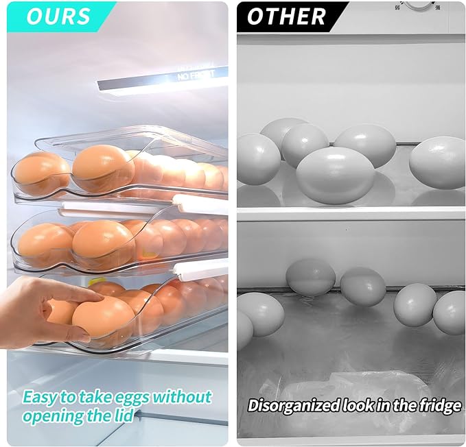 RoskDeewat Soporte para Huevos para Refrigerador, Contenedor de Huevos con Rodamiento Automático para Refrigerador, Organizadores Apilables para Refrigerador y Almacenamiento con Tapa, Dispensador