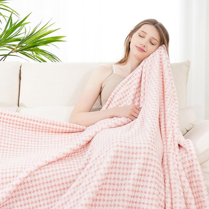 Zyrah Manta de forro polar rosa y blanco tamaño individual para sofá, súper suave, a cuadros, ligera, decorativa, mullida, acogedora manta para sofá, silla y cama, 60 x 80 pulgadas