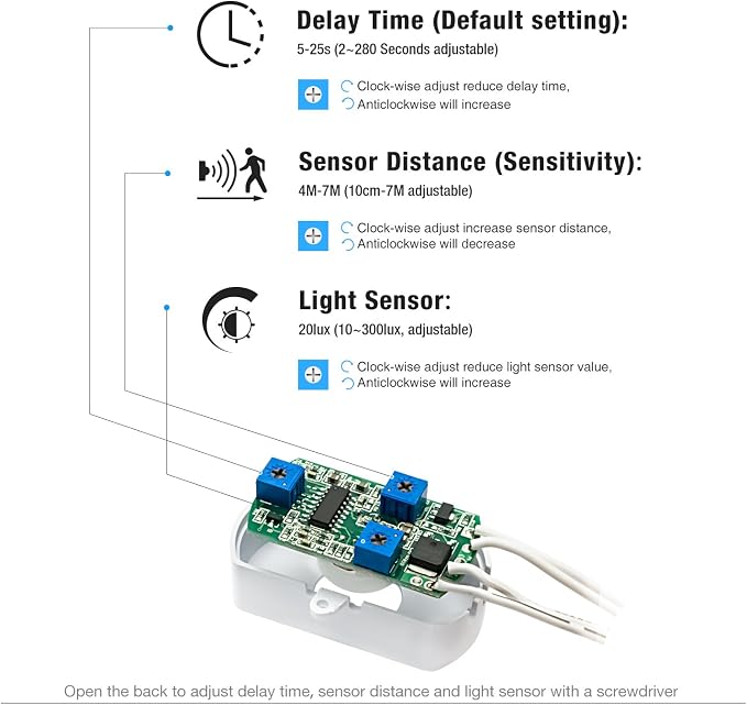 SENSKY BS010WL DC 12v a 24v Mini Pir Sensor de Movimiento Interruptor de Ocupación Sensor de Ocupación para DIY Iluminación LED (Sensor de Luz, Tiempo de Retraso, Distancia del Sensor, Ajustable)