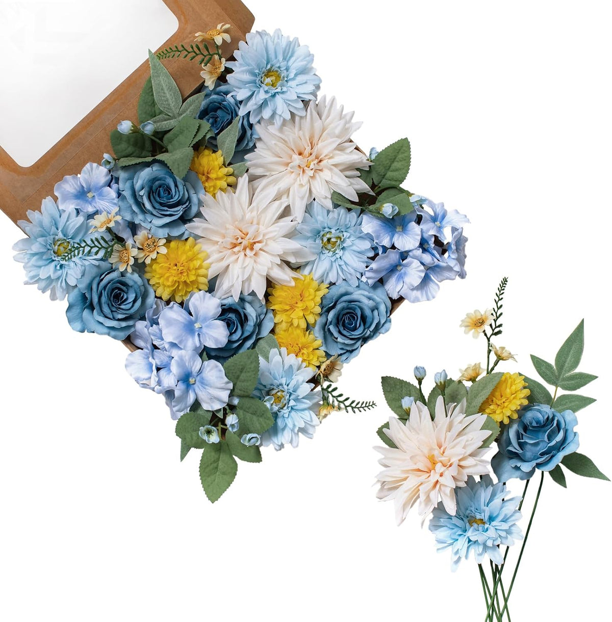 Combo de Flores Artificiales DIY para Ramos y Decoración – Rosas, Dalias, Margaritas e Hortensias en Azul, Blanco y Amarillo para Floreros, Centros de Mesa, Bodas y Fiestas
