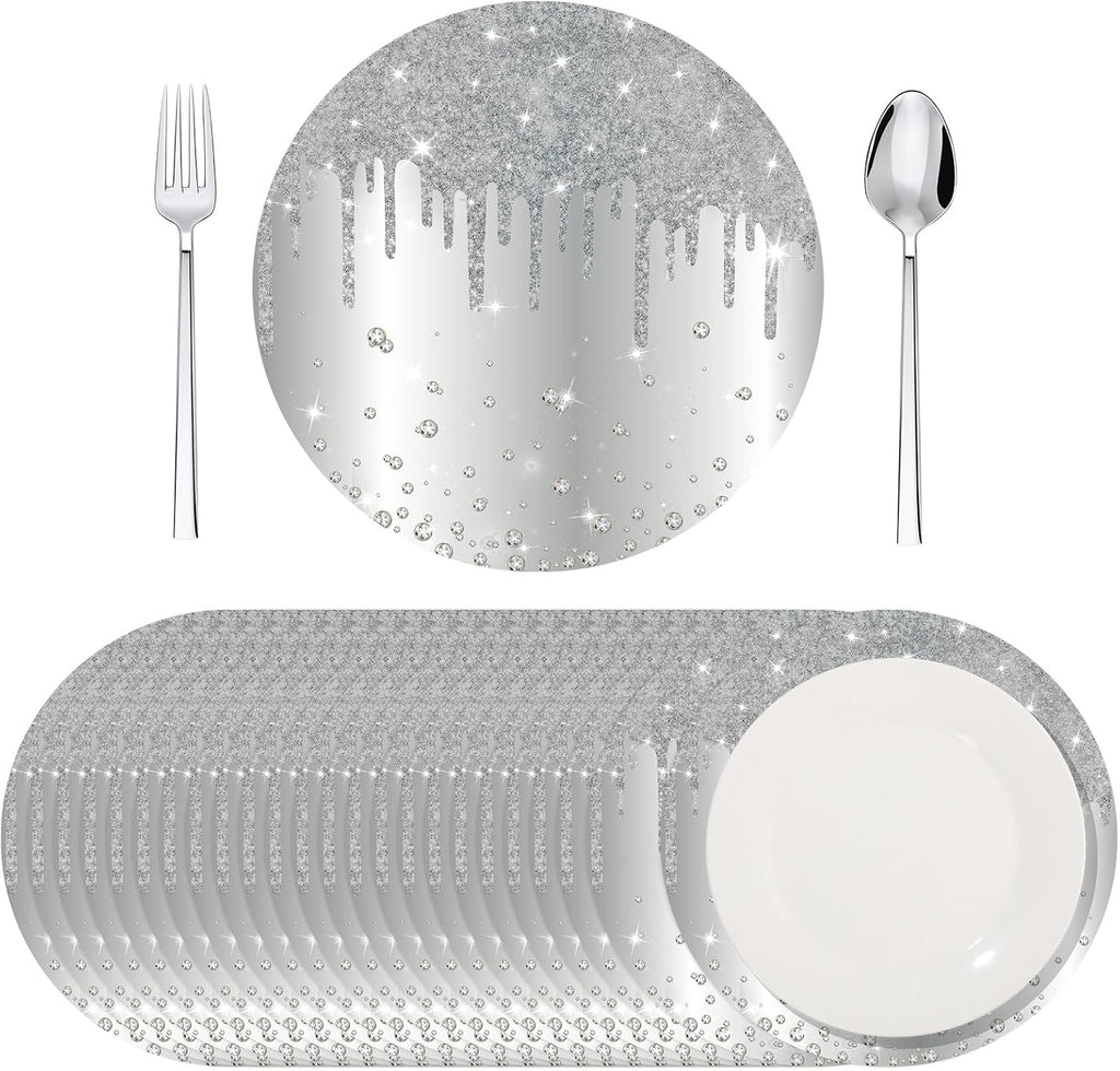 Dispowreath 120 piezas de manteles individuales de papel plateados de 33 cm (13 pulgadas) con purpurina, redondos, desechables, manteles individuales de papel decorativos para cenas, bodas, cumpleaños, banquetes y fiestas.