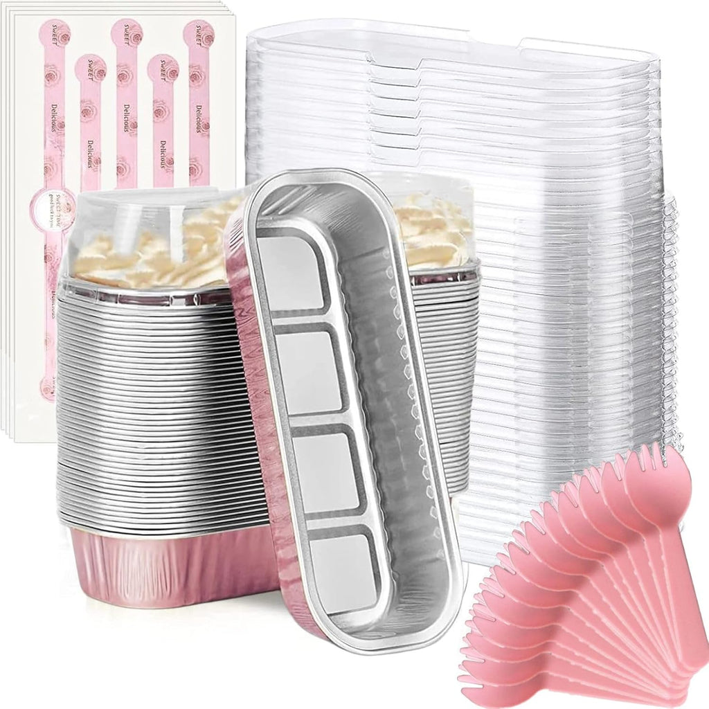 Findful Mini Moldes para Pan con Tapas y Cucharas | 50 Piezas de 6.8 oz | Moldes Rectangulares de Aluminio | Contenedores para Cupcakes, Cheesecake y Creme Brulee