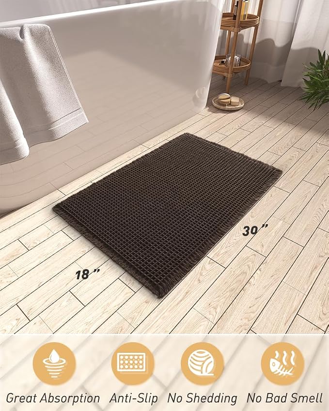 MIULEE Set 2 Alfombras de Baño Waffle Estilo Boho – Antideslizantes, Lavables, Ultra Absorbentes, Color Chocolate, 17"x24" + 18"x30"