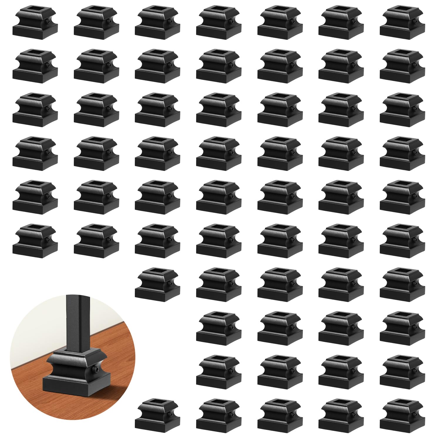 Iron Baluster Shoes Stair Balusters Stair Flat Shoe with Screw for 1/2" Square Balusters,Copper Baluster Wrought Iron Spindles Shoes Metal Spindle Railing Staircase Balusters, Satin Black (60 Pcs)