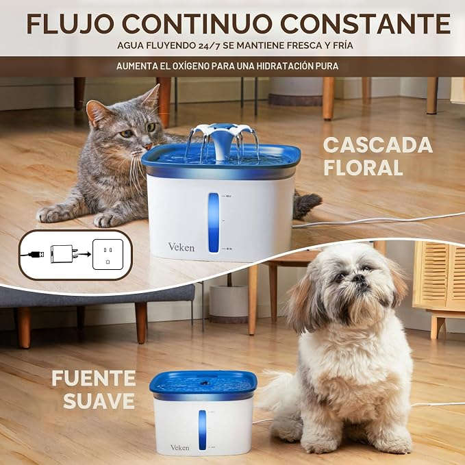 Veken Ganador del Premio a la Innovación 95oz/2.8L Fuente para Mascotas, Dispensador Automático de Agua para Gatos con Filtros de Repuesto para Gatos, Perros, Múltiples Mascotas (Azul, Plástico)