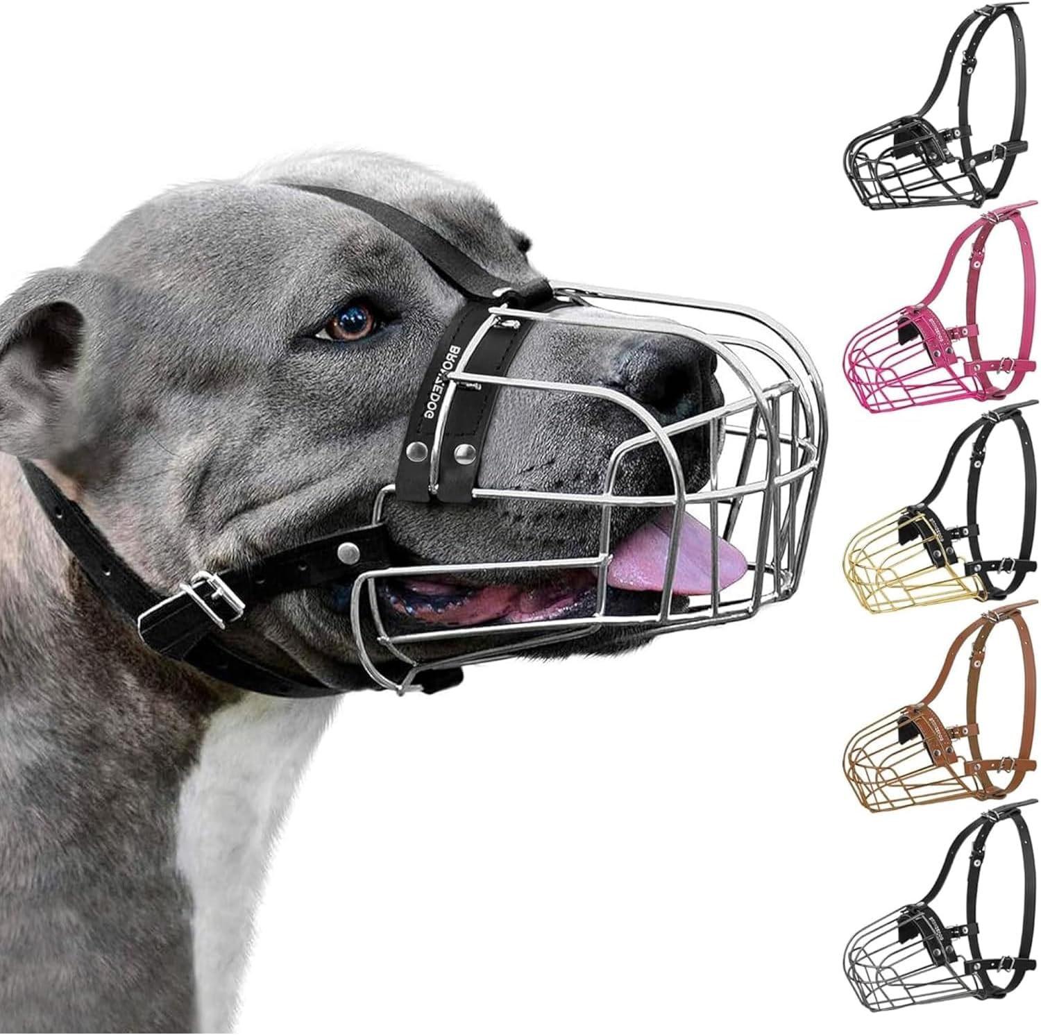 Bozal para perro Pitbull de BRONZEDOG con máscara de metal y cesta de alambre Amstaff. Correas de cuero ajustables para perros grandes (acero). 