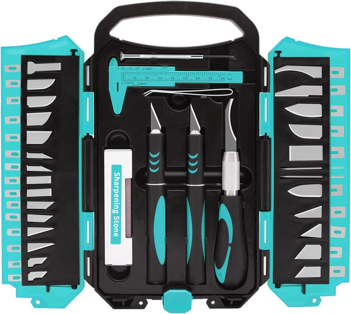 MANUFORE Set de Cuchillo Exacto 34 Piezas | Kit de Precisión Deluxe Azul | 3 Cuchillos con Agarre de Goma, 25 Hojas, 2 Agujas, Piedra de Afilar y Destornillador