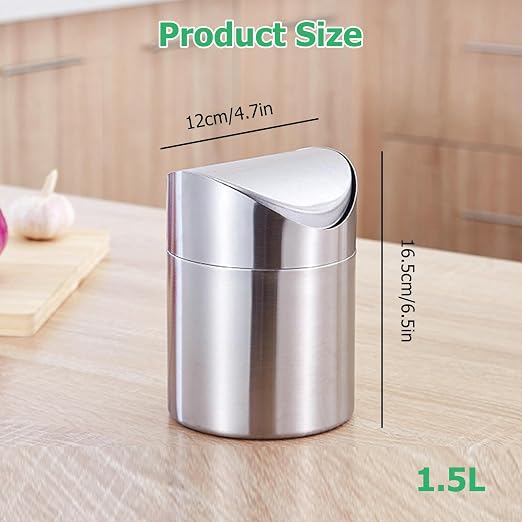 Papelera de Mesa de Acero Inoxidable, Mini Basura de la Encimera con Tapa Abatible, Cubo de Basura Plateado, Papelera Mini de Sobremesa, para Escritorios, Baños, Cocinas y Coches (16.5x12CM)