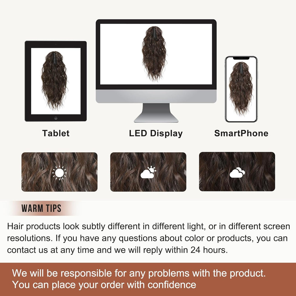 FLUFYMOOZ Cola de caballo ondulada y rizada con clip de garra – Postizo sintético natural, 18 pulgadas (marrón chocolate oscuro)