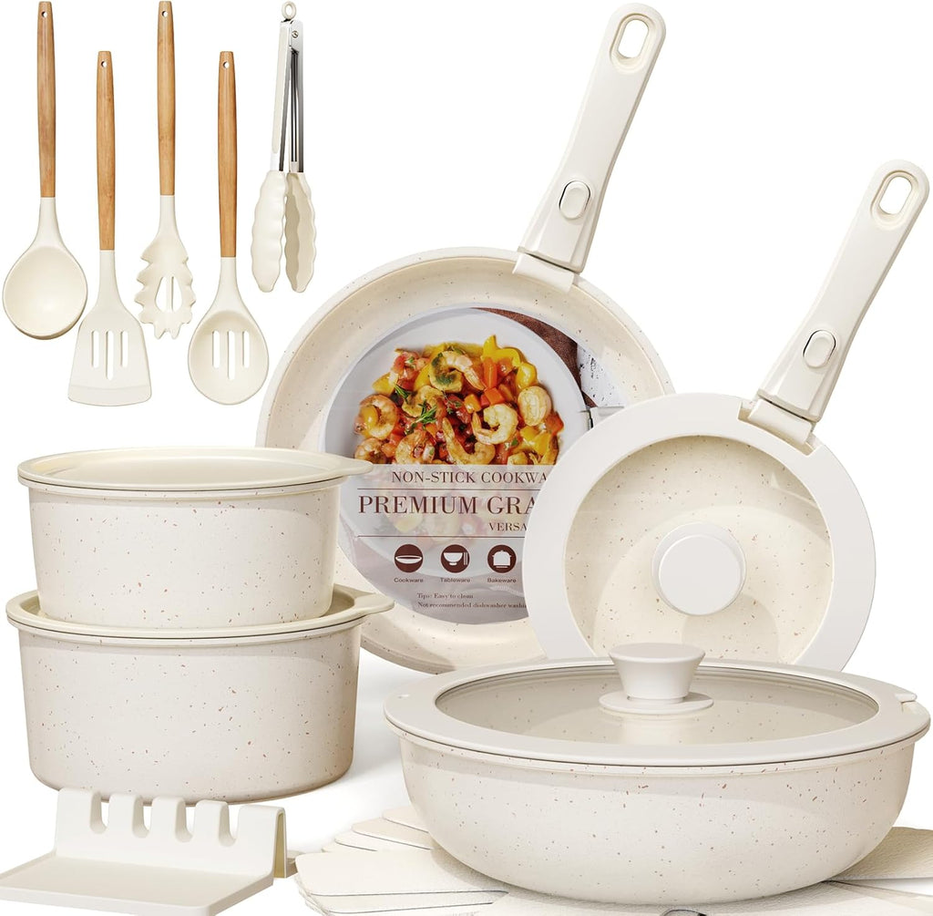Astercook Set de Cocina Cerámico Antiadherente 21 Piezas - Mango Desmontable, Apto para Inducción y Horno, Apilable - Blanco Crema