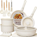Astercook Set de Cocina Cerámico Antiadherente 21 Piezas - Mango Desmontable, Apto para Inducción y Horno, Apilable - Blanco Crema