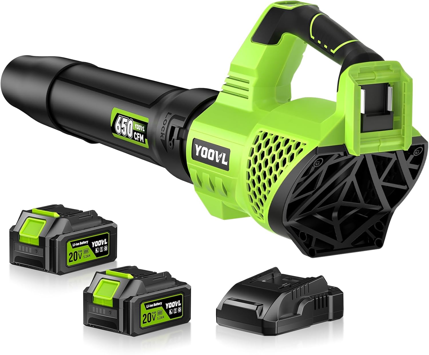 YOOVL Cordless Leaf Blower - 650 CFM, 3-Speed, 2x 20V 5.2Ah Batteries & Fast Charger Included, 150-Min Runtime, Adjustable Shoulder Strap - For Lawn, Patio, Snow, Dust