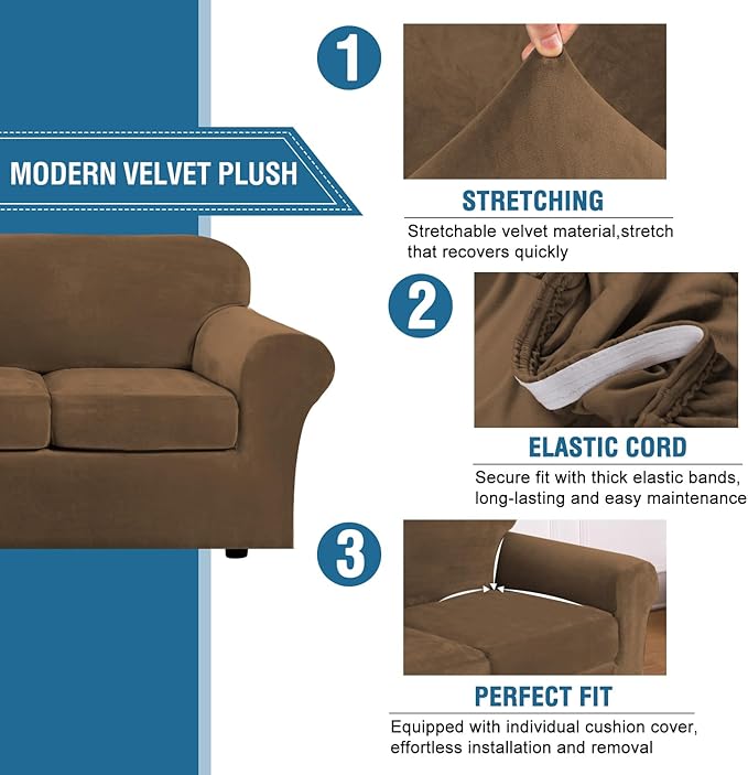 H.VERSAILTEX Funda de Sofá Velvet Plush 3 Piezas — Loveseat hasta 72", Color Bronze Brown