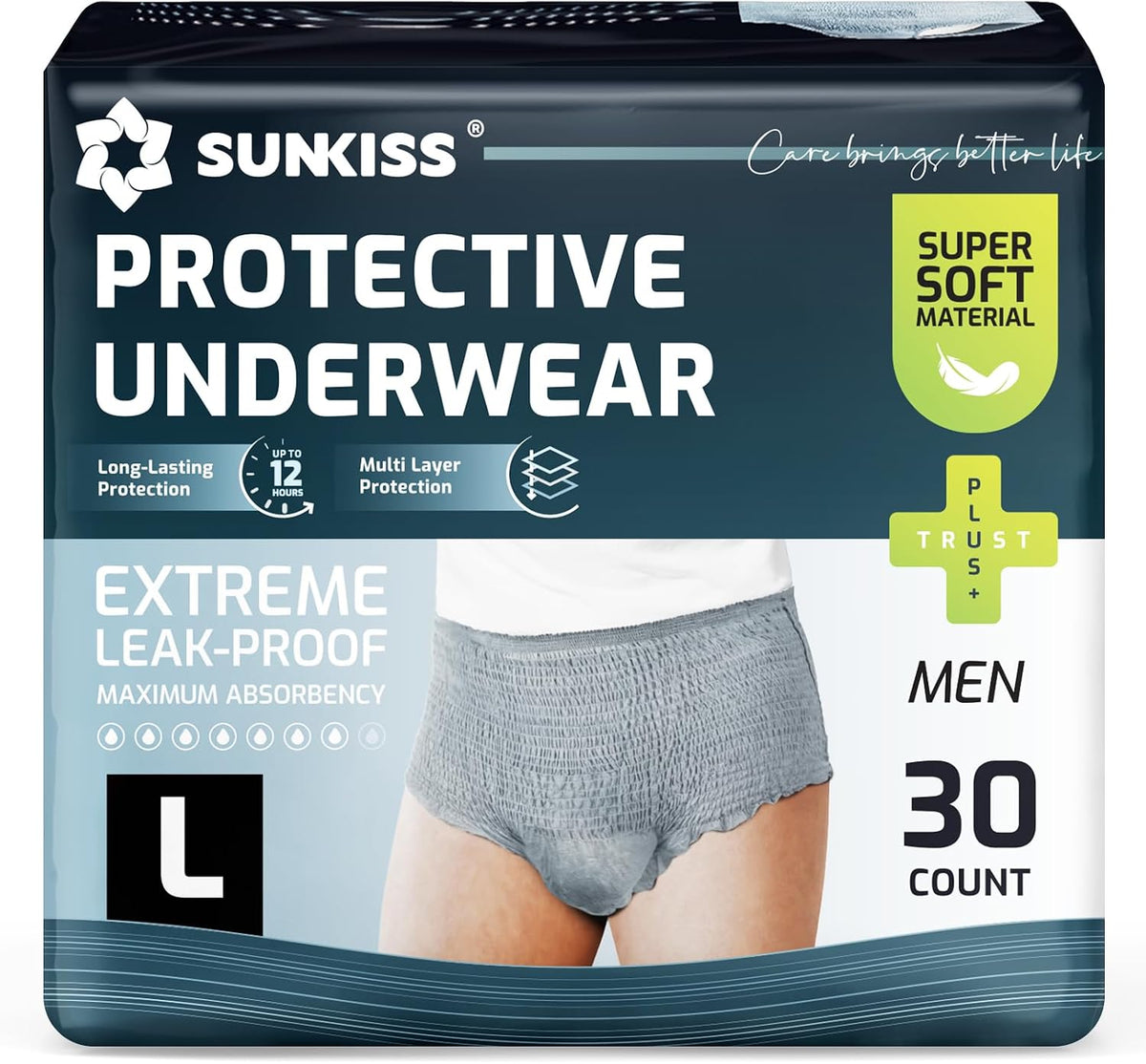 Ropa Interior para Incontinencia SUNKISS Super Soft para Hombres – 30 Unidades, Talla Grande, Color Gris, Máxima Absorción