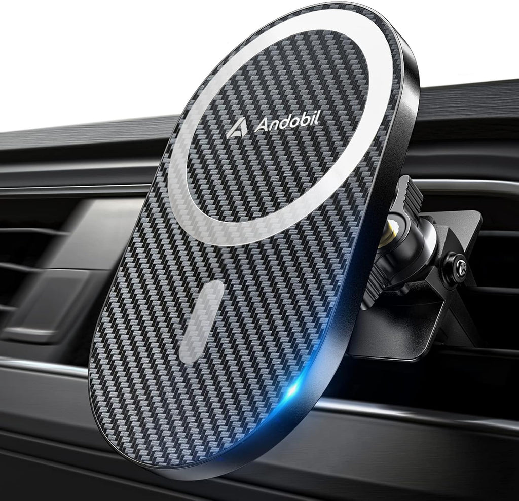 Soporte magnético para coche andobil mejorado para Magsafe Car Mount Pro [Imán más potente, compatible con teléfonos grandes] Soporte magnético para teléfono con rotación de 360° para rejilla de ventilación del coche para iPhone 17 Pro (fibra de carbono)