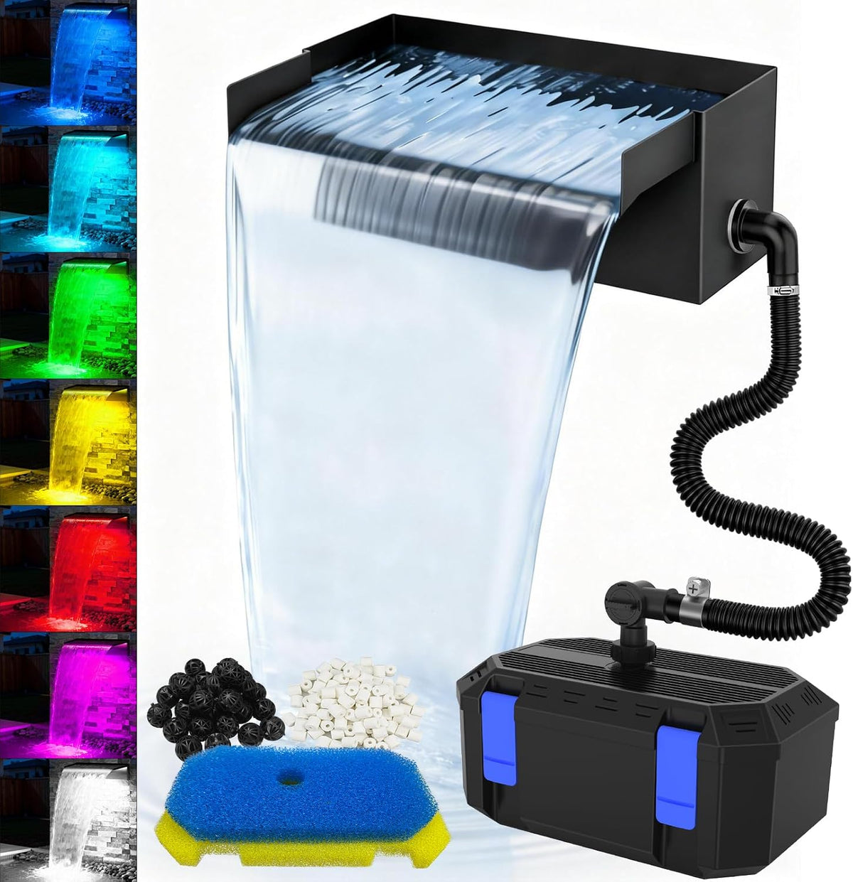 NO INCLUYE LAS PIEDRAS-Kit completo para cascada de estanque | Bomba de filtro para estanque de 550 GPH | Cajón de desagüe de acero inoxidable de 8 pulgadas | Luces LED con control remoto | Cascada exterior de 4 etapas para estanques, jardines y piscinas
