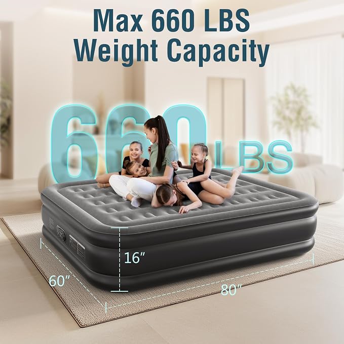 Ezyrest Colchón de aire Queen con bomba incorporada, colchón inflable de doble altura de 16 pulgadas con parte superior flocada suave y bolsa de transporte, colchón inflable ajustable, cama de aire