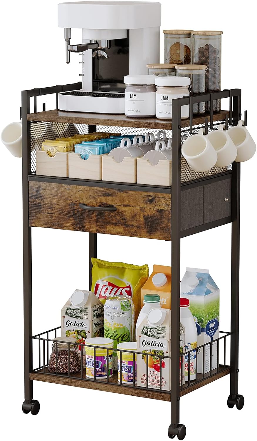 Dsmadn Small Coffee Bar Cart with Drawer Srorage, Office Coffee Bar Station Organizer Mug Cup Holder Stand, K Cup Holder Rack for Home Buffets & Sideboards for Kichen, Entryway, Living Room (Black)