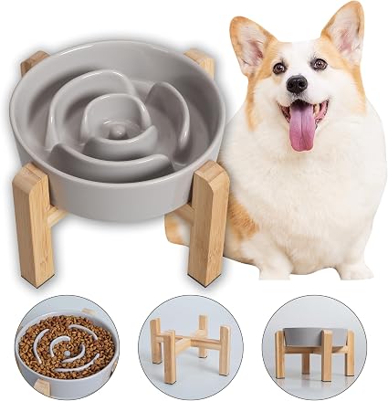 Plato Slow Feeder Cerámico para Perros Medianos y Grandes — Comedero Elevado Antideslizante Gris 8.26", Laberinto Moderno