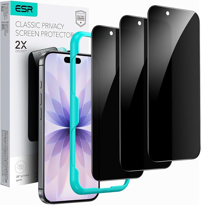 Paquete de 3 protectores de pantalla de privacidad ESR para iPhone 17 / iPhone 16 Pro, dureza 9H, grado militar, irrompible, película de vidrio templado anti-espía con herramienta de fácil instalación, resistente a los arañazos.
