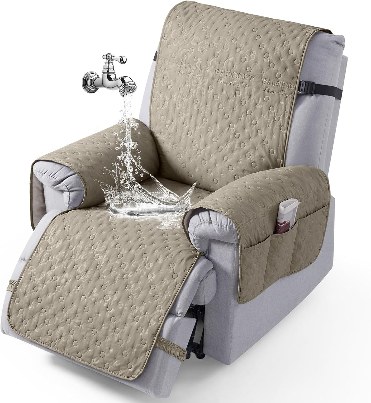 Funda Impermeable VANSOFY para Sillón Reclinable 20" – 100% Impermeable, Antideslizante, Lavable con Bolsillo, Ideal para Niños y Mascotas (Caqui)
