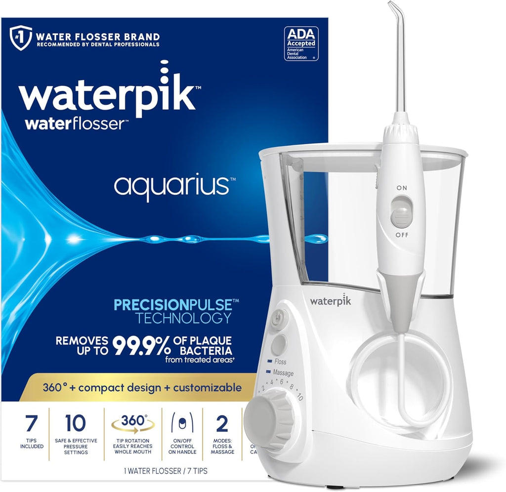Irrigador Dental Waterpik Aquarius | Limpieza de Dientes, Encías y Brackets | Eléctrico con 10 Ajustes | 7 Puntas para Varios Usuarios | Aprobado ADA | Blanco