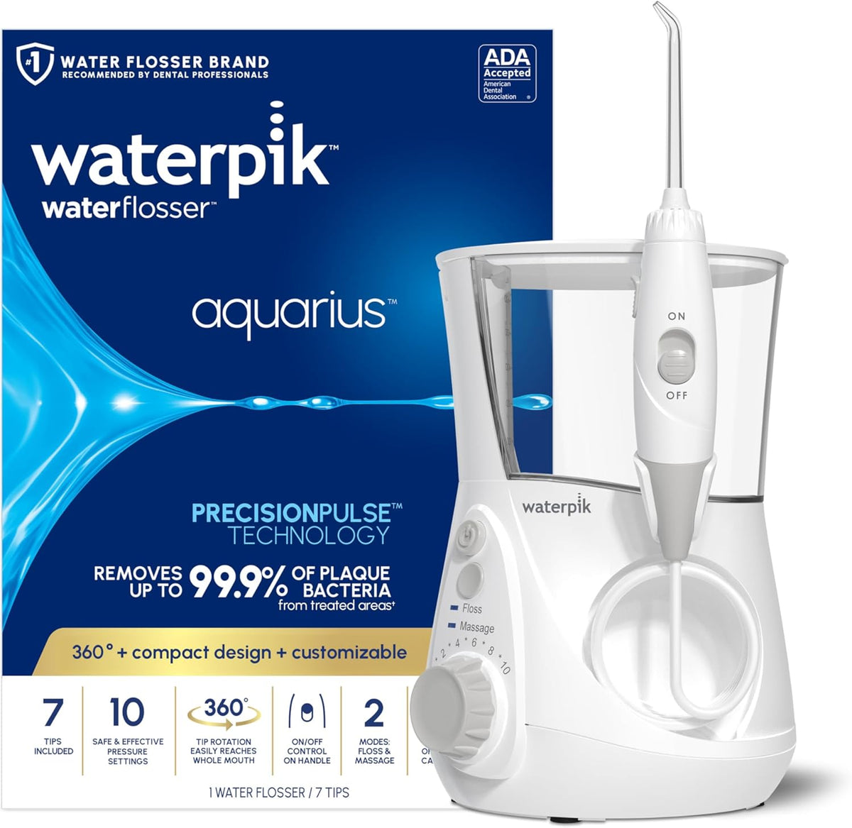 Irrigador Dental Waterpik Aquarius | Limpieza de Dientes, Encías y Brackets | Eléctrico con 10 Ajustes | 7 Puntas para Varios Usuarios | Aprobado ADA | Blanco