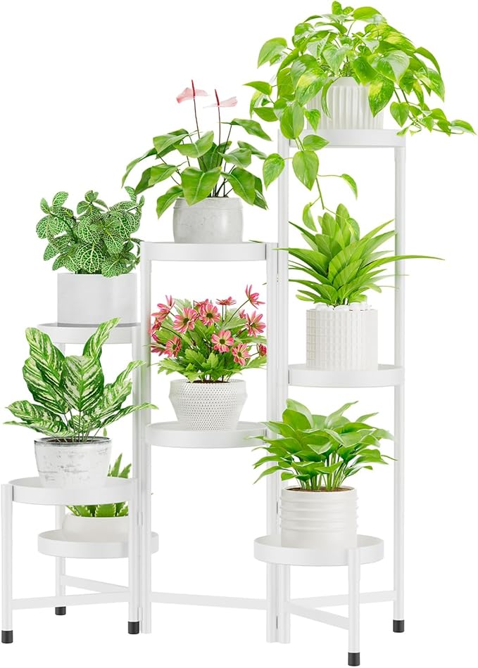 iDavosic.ly Soporte para plantas de 8 niveles para interiores y exteriores de fácil armado, estantería plegable alta de metal para exhibición de orquídeas para patio, balcón, porche, color blanco