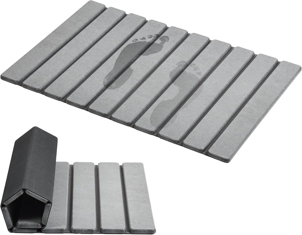 AWW Tapete de baño plegable de piedra, de secado rápido, tierra de diatomeas con tapete antideslizante, súper absorbente, fácil de limpiar, compacto para baños pequeños, 23.6 x 15.5 pulgadas, gris