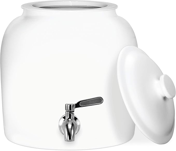 Geo Sports - Dispensador de agua de cerámica de porcelana, grifo de acero inoxidable, válvula y tapa incluidas. Se adapta a jarras de 3 a 5 galones (blanco sólido)