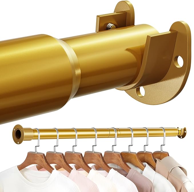 Mavivegue Barra de armario ajustable dorada de 17 a 43 pulgadas para colgar ropa, barra colgante para armario, lavandería, caravana, baño