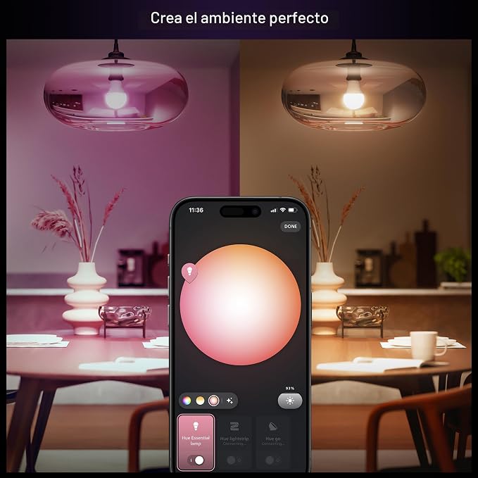 Philips Hue Essential - Bombilla LED inteligente A19, ambiente blanco y color, base E26, 8.8W, 2200K-6500K, 800 lúmenes, regulable, funciona con Alexa, Google y Apple Home, paquete de 2