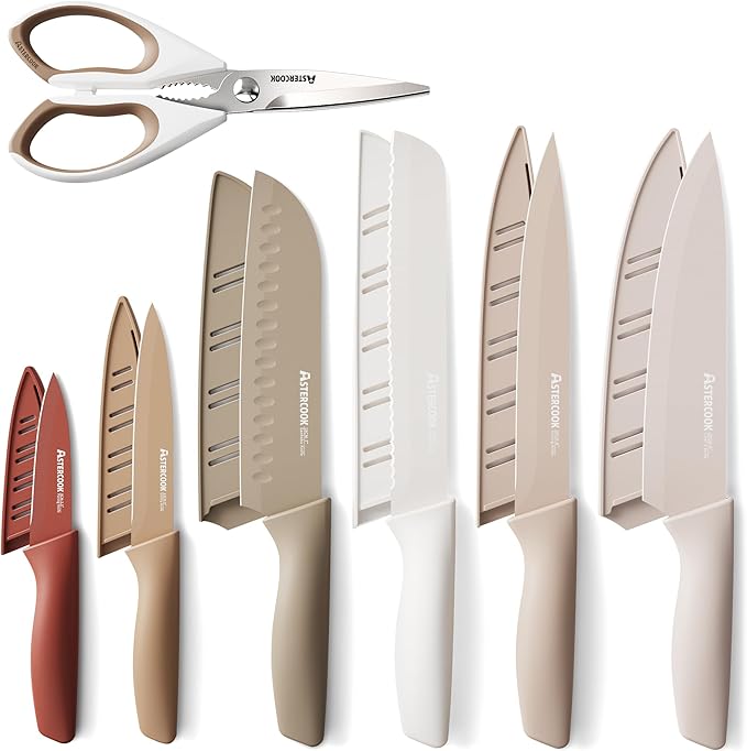 Astercook Juego de cuchillos, cuchillos de cocina con revestimiento saludable antióxido, apto para lavavajillas, juego de cuchillos de chef de acero inoxidable con 6 protectores