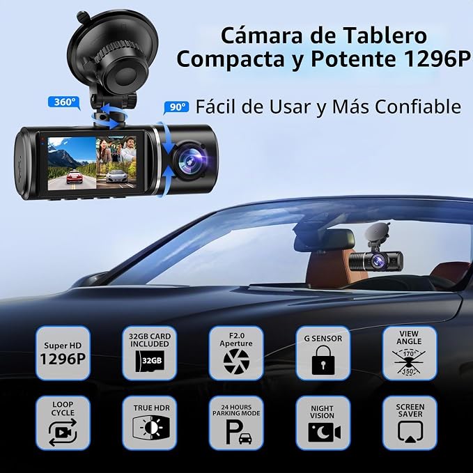 Cámara de tablero frontal y trasera, cámara de tablero 1296P para automóviles, cámara de coche de 3 canales frontal trasera e interior con tarjeta de 32 GB, grabación en bucle, visión nocturna, HDR, estacionamiento las 24 horas