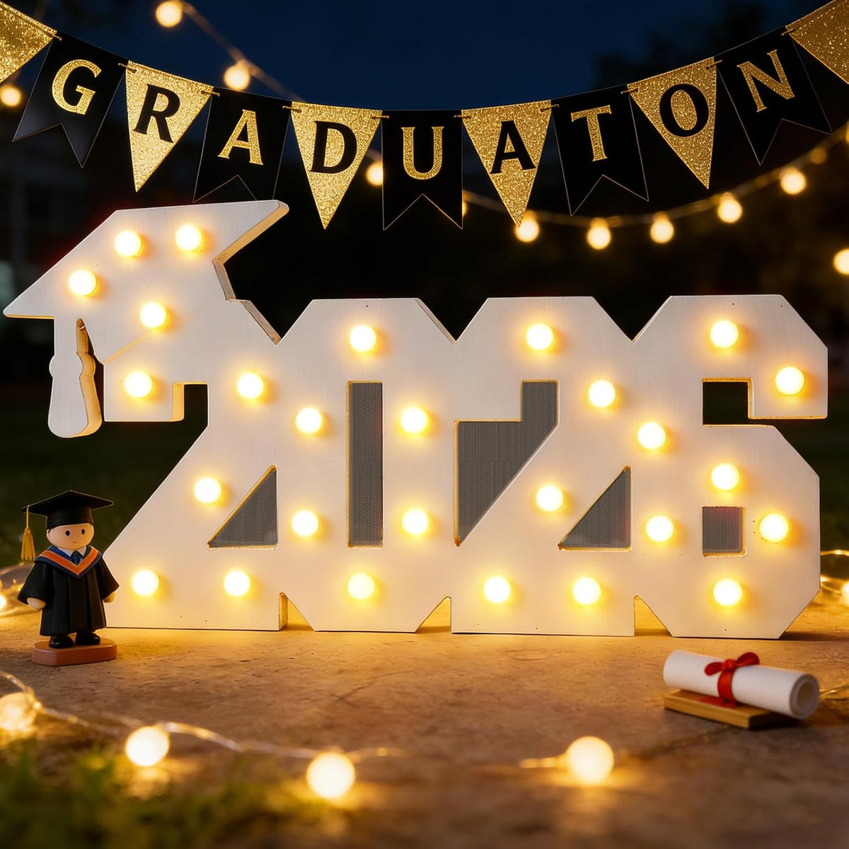 Letrero luminoso de madera con número de graduación 2026 y birrete de graduación, decoración de mesa para fiestas de preescolar, jardín de infancia, instituto y universidad (2026).