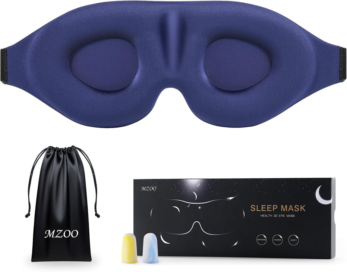Antifaz de lujo MZOO para dormir de lado (hombres y mujeres), antifaz 3D sin presión ocular, diseño patentado que bloquea la luz, cubierta suave para los ojos ideal para viajar, color azul.
