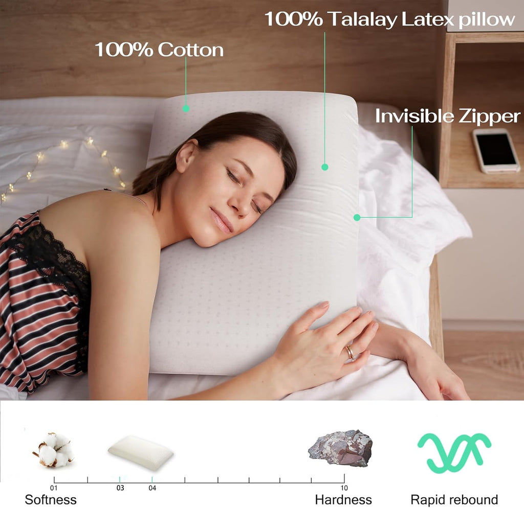 Almohada de látex natural Talalay, almohada de cama para aliviar el dolor de cuello, almohada refrescante transpirable con funda 100% algodón, soporte certificado Oeko-TEX para personas que duermen de lado, espalda