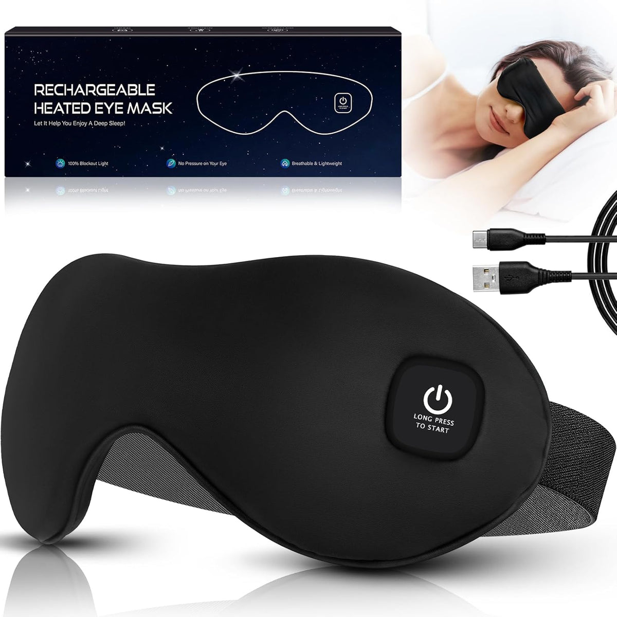 Mascarilla Termica para Ojos Mutilplx | Inalambrica y Calefactable para Ojos Secos | Compresa Tibia Lavable | Alivio, Tratamiento de Orzuelos y Mejor Sueno | Negro