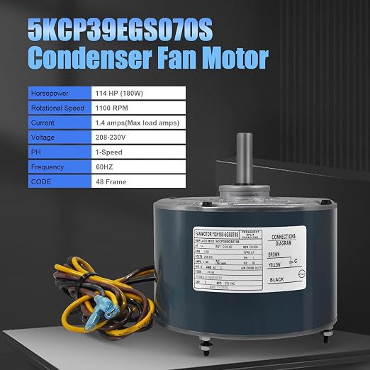 5KCP39EGS070S Motor de ventilador de condensador OEM estándar-1/4 HP 208-230V 1100 RPM compatible con Genteq #3905 reemplaza HC39GE237 HC39GE237A HC39GE236A HC39GE234A Motor de ventilador para unidad de CA inclusivo ance