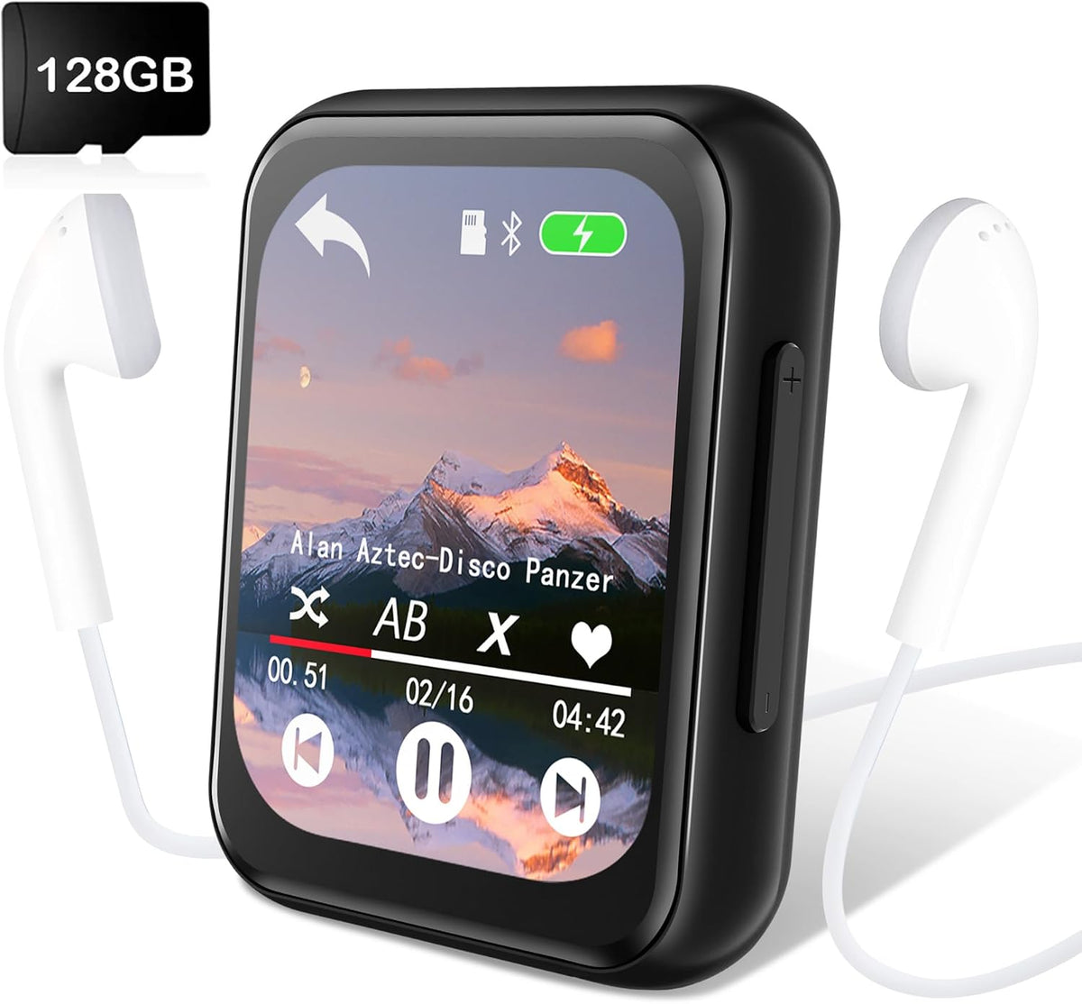 Reproductor MP3 de 128 GB con Bluetooth 5.3, reproductor de música digital portátil sin pérdidas con altavoz integrado, pantalla táctil completa de 2.0 pulgadas, sonido HiFi, radio FM, grabadora de voz, auriculares incluidos.