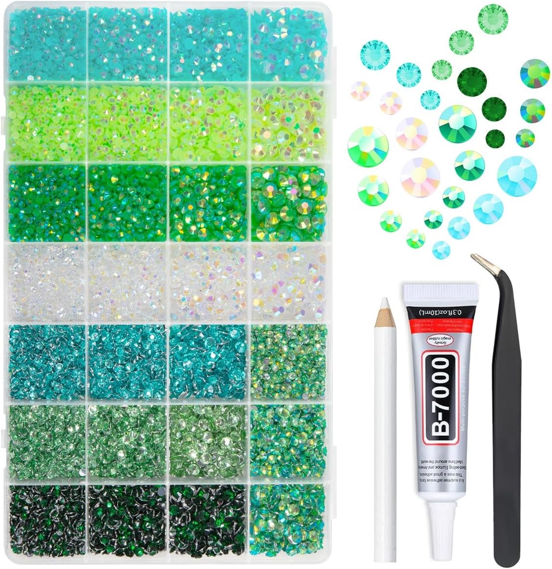 Set de Rhinestones Verdes Jelly Resin qiipii — 28 Tipos con Pegamento B7000, 3mm-6mm para Uñas, Manualidades y Maquillaje