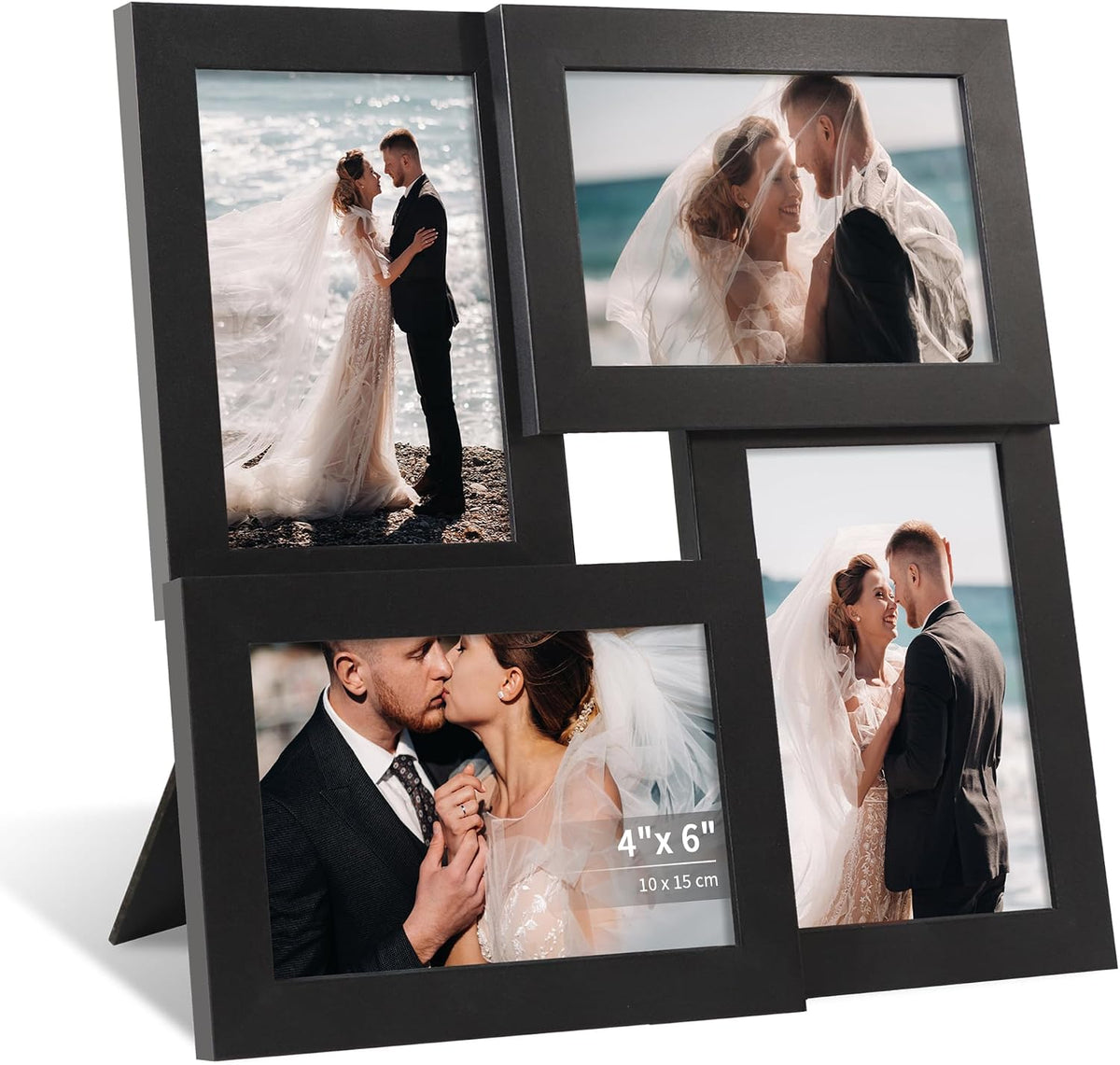 Marco de fotos tipo collage SZYUU de 4x6 con cristal auténtico, marco de fotos de madera con 4 aberturas y soporte, marco de fotos familiar múltiple para pared o mesa, marco de galería de 4 fotos para decoración del hogar, negro