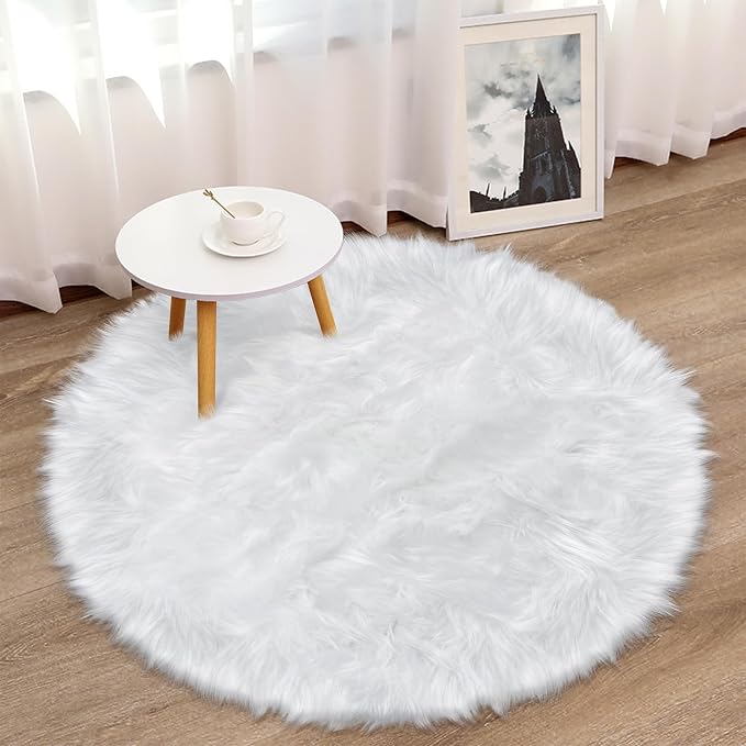 Alfombra redonda esponjosa blanca de 3 pies para dormitorio y sala de estar, alfombra circular suave y peluda blanca para habitación de niños, alfombra circular peluda para cuarto de bebé
