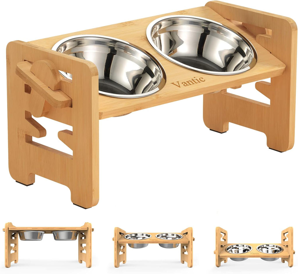 Comedero Elevado para Perros y Gatos – Base de Bambú Natural con 2 Tazones de Acero Inoxidable Altura Ajustable