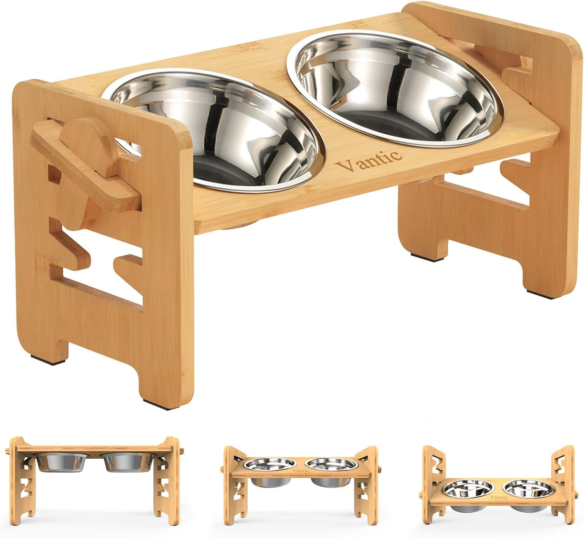 Comedero Elevado para Perros y Gatos – Base de Bambú Natural con 2 Tazones de Acero Inoxidable Altura Ajustable