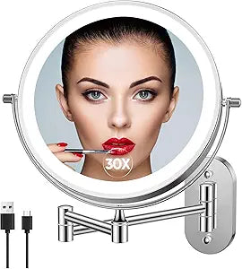 Espejo de Maquillaje con Luz Recargable 5000mAh — Doble Cara 1X/30X con Brazo Extensible
