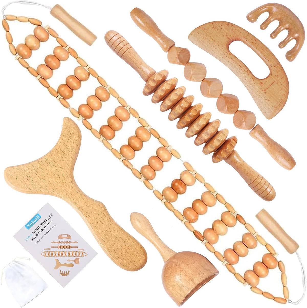 Xokocli 7 en 1 Herramientas de Masaje de Madera para Drenaje Linfático y Alivio del Dolor Muscular | Kit de Maderoterapia Herramientas para Moldear el Cuerpo y Combatir la Celulitis